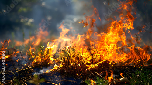 Des brousailles en flammes dans une forêt.