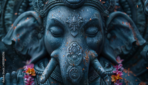 Recreation of close up of face of Ganesha deity hinduist figure with spiritual atmosphere around
