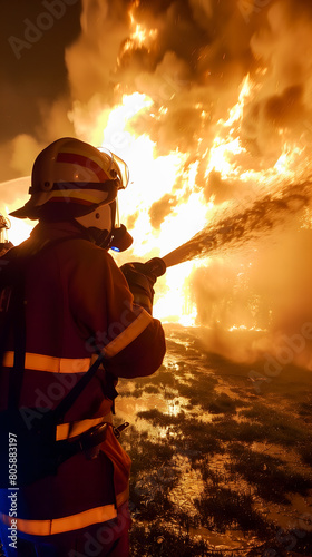 Des pompiers en train d'éteindre un feu de forêt avec une lance à incendie.