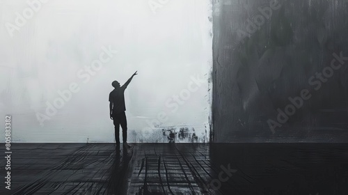 An artistic depiction of a minimalist figure reaching toward the top of the frame, surrounded by emptiness