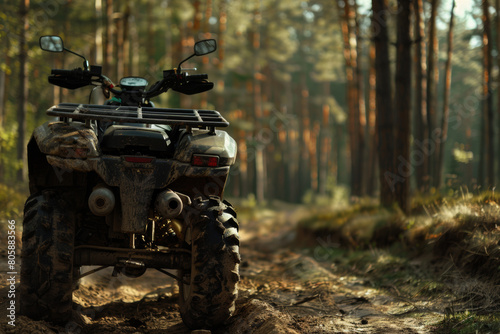 Quad bike stands ready on a forest trail, hinting at the thrill of off-road adventures among nature.