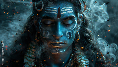 Recreation of Shiva deity hinduist with spiritual atmosphere around meditating