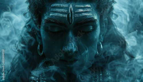 Recreation of Shiva deity hinduist with blue spiritual atmosphere around meditating 