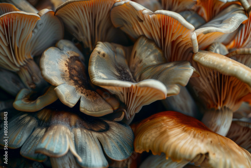 A textured macro shot of vibrant clustered oyster mushrooms.