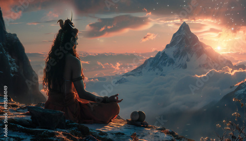 Recreation of Shiva deity hinduist meditating in the Mount Kailash at sunset 