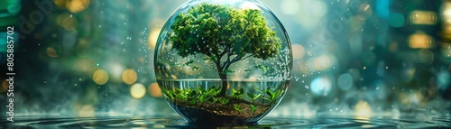 Glassed ecosystem, closeup, digital energy feeding a tree, dynamic, environmental tech synthesis