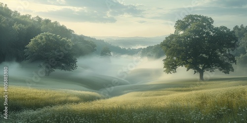 Wisps of fog rolling over a Midsummer morning landscape, a mystical awakening.