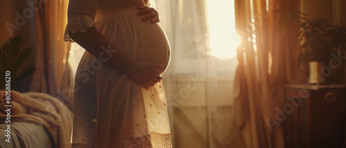 Future mother embraces her belly with love and anticipation during a peaceful sunset.