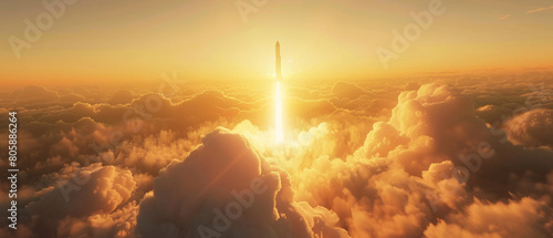 A space rocket launches into a breathtaking cloudy sunrise sky.