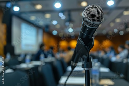 At the investment strategy seminar, financial experts provide valuable advice on managing market fluctuations, with a microphone as the focal point.