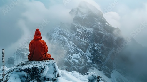 Ascetic Meditating on Snowy Himalayan Peak Spiritual Practices Concept with Atmospheric Landscape