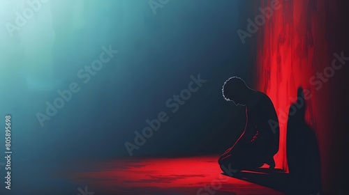 Background template with an icon of a weary silhouette man feeling afraid of the darkness. Concept of a man suffering from anxiety disorder. Trendy design