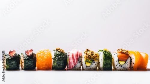 Various sushi in a row, white background. Asian cuisine assortment, menu. AI generated.