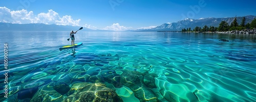 Paddle Boarding Through Serene Turquoise Waters of Majestic Lake Tahoe Adventure Travel Concept with Ample Copy Space