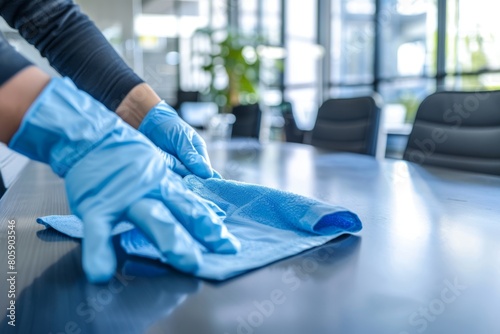 Cleaning staff maintaining cleanliness in office by disinfecting and wiping tables with cloth