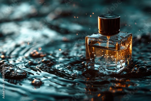 Transparent bottle of perfume on a dark background among the reflections of water 