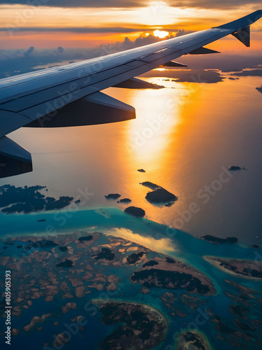 Island Escape, Summer Sunset Seen from the Window of an Airplane Flying over Tropical Archipelagos in the Ocean