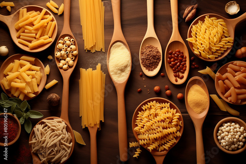 Different pasta types in wooden spoons on the table. Top view. italian food. macaroni. culinary concept. mediterranean typical pasta