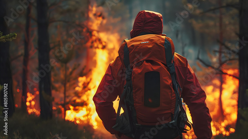 Gros plan sur un randonneur face à un incendie de forêt.