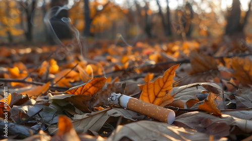 Un mégot de cigarette avec de la fumée, posé sur le sol d'une forêt.