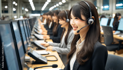 コールセンターで仕事をするインカムを付けた笑顔の日本人女性