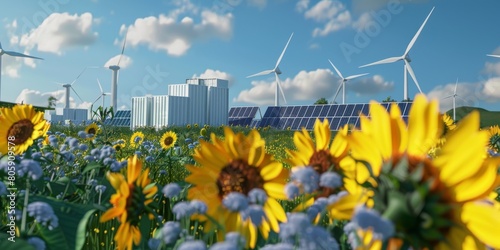 Sunflowers in bloom with solar panels and wind turbines in the background under a blue sky, symbolizing clean energy. Created with Generative AI