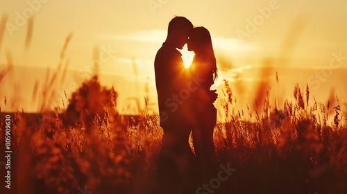 Sunset Embrace - Romantic Couple Silhouette - Love and Warmth - Golden Hour Glow