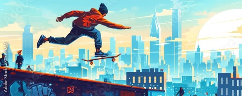 Parkour enthusiast in flat design, performing dynamic moves across urban obstacles under a bright city skyline