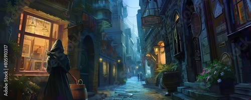 Rogue sneaking a taste of a magical lean meat skewer, hidden alley in a fantasy city, twilight