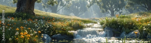A beautiful, serene scene of a forest with a small stream running through it
