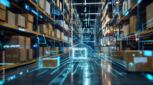 Within a digitally advanced warehouse setting, storehouse boxes are positioned strategically, while a smart system digital background monitors and manages the time pick order and p