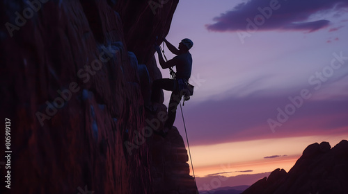 Rock climber climbing harness on evening sunset sky background. Adventure and Extreme Sport Concept