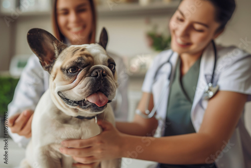 beautiful female vet nurse doctor examining a cute happy French bulldog dog making medical tests in a veterinary clinic