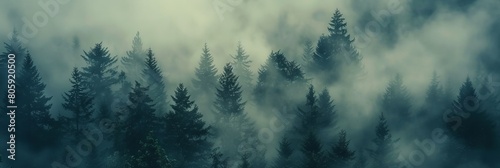 Aerial view of fir trees in dense fog, styled with an old-school hipster film look