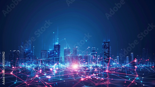 Big data connection technology concept. Abstract polygon patterns connecting together a smart city