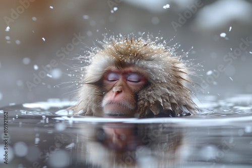 Macaque Monkey Taking a Bath in Hot Spring Onsen to keep them warm in snow winter season