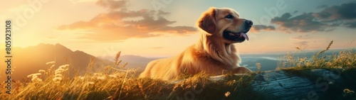 golden retriever dog relaxing in field at sunset