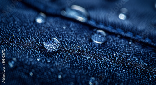 Macro photography capturing water droplets on a navy blue fabric background, showcasing the intricate details of raindrops and dew drops. The close-up shot reveals sparkling water droplets on the text