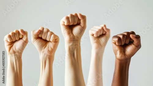 Fists raised up against a light background, only the hands are visible. The concept of resilience, struggle, strength, resistance and unity.