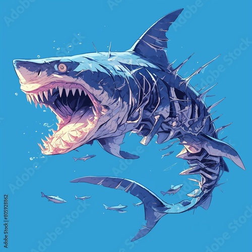 A scientific illustration of a goblin shark, detailed with anatomical labels, against a clear blue background for academic or informational use , Pop art style