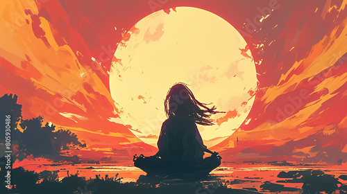 Yoga woman is sitting in the lotus position on the beach, looking at the sun. The sky is orange and the sun is setting