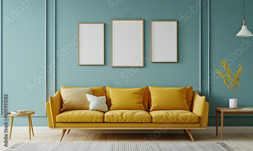View of living room in minimal style with yellow sofa and fiddle fig on laminate floor