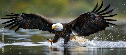Portrait of an eagle catching fish in a nature lake. generative AI image