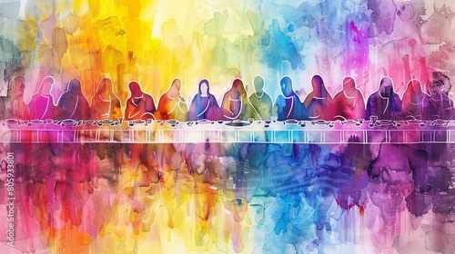 Abstract watercolor of the Last Supper with vibrant color splashes