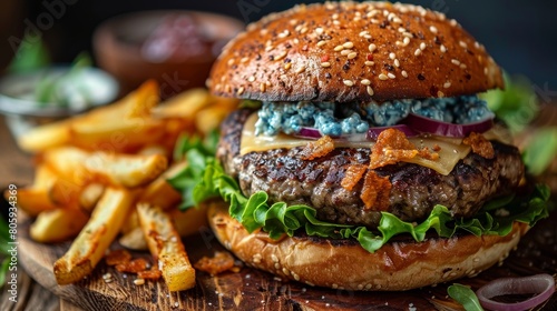 Gourmet blue cheese burger with crispy fries and barley wine on a rustic wooden background