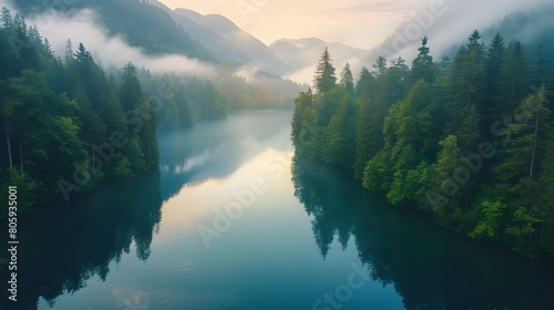 Surrounded by lush pine forests, a serene mountain lake greets the dawn, with mist hovering over the calm, crystal-clear water, reflecting vivid colors.