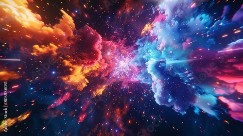 A galaxy collision, with clashing colors, stylized explosions, and BOOM graphics