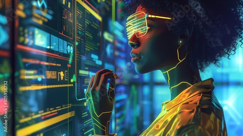 AI cyber threat illustration. African American female IT professional analyzing information technology data.