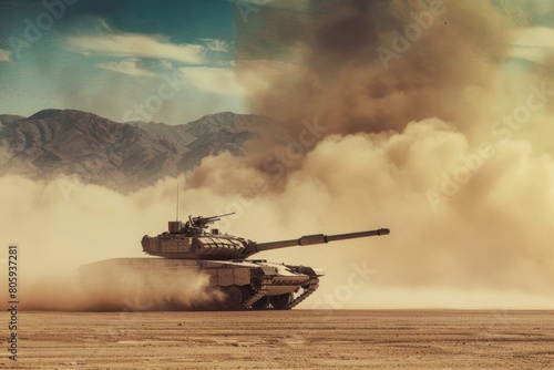 A low-angle shot of an Military tank M1 Abrams charging across a vast desert landscape