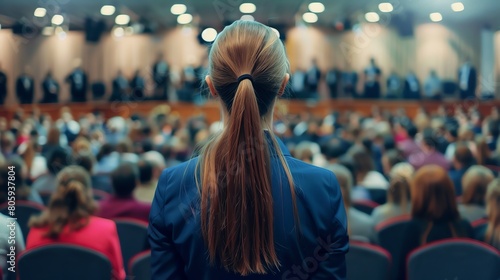 A young woman with long brown hair in a ponytail is standing at a podium, giving a speech to a large audience